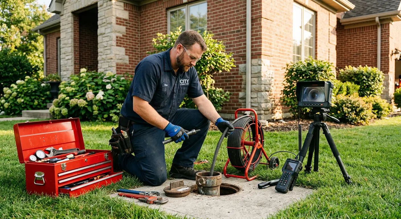 Sewer specialist with camera equipment servicing a cleanout in Cartersville