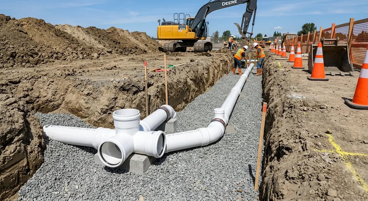New PVC sewer pipe installation in open trench for Commercial Drain Cleaning in Cartersville