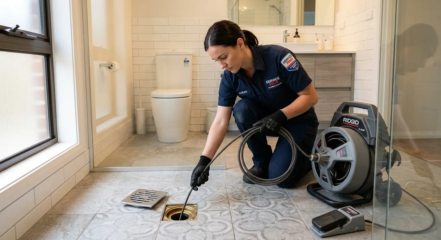 Technician clearing a bathroom floor drain for Drain Cleaning in Cartersville